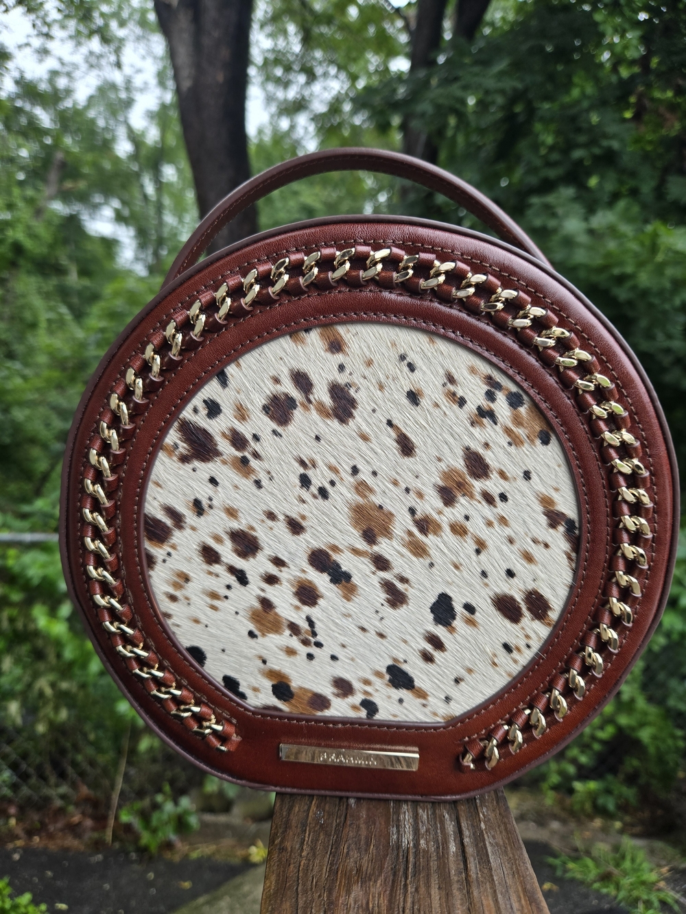 Brahmin Lane Round Brown and Cream Cowhide & Leather Satchel NWT